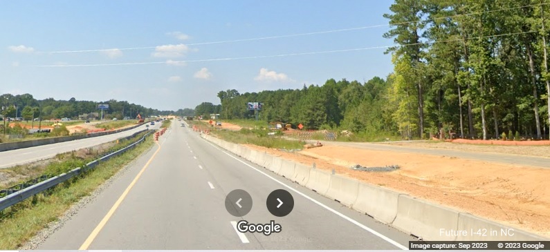Image of the continuation of the frontage road along US 70 (Future I-42) West in Johnston County, Google Maps Street View, September 2023