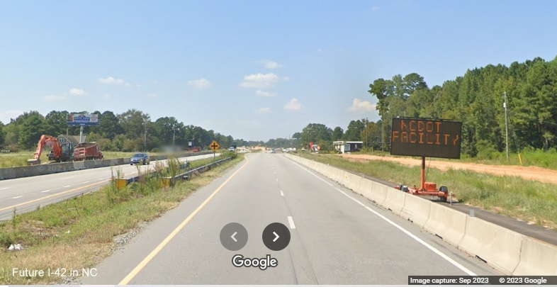 Image of VMS along US 70 (Future I-42) West for NCDOT facility at soon to be closed intersection in Johnston County, Google Maps Street View, September 2023