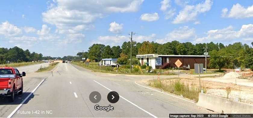 Image of end of frontage road along US 70 (Future I-42) West beyond Bear Farm Road in Johnston County, Google Maps Street View, September 2023