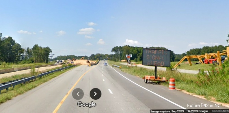 Image of approaching Wilson's Mills Road interchange work zone along US 70 (Future I-42) West in Johnston County, Google Maps Street View, September 2023