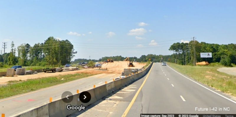 Image of Wilson's Mills Road interchange bridge work zone along US 70 (Future I-42) West in Johnston County, Google Maps Street View, September 2023