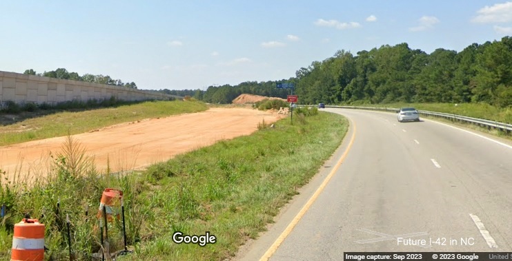 Image of Wilson's Mills Road interchange work after intersection along US 70 (Future I-42) West in Johnston County, Google Maps Street View, September 2023