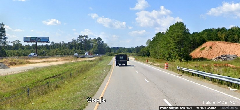 Image of approaching Swift Creek Road interchange work zone along US 70 (Future I-42) West in Johnston County, Google Maps Street View, September 2023