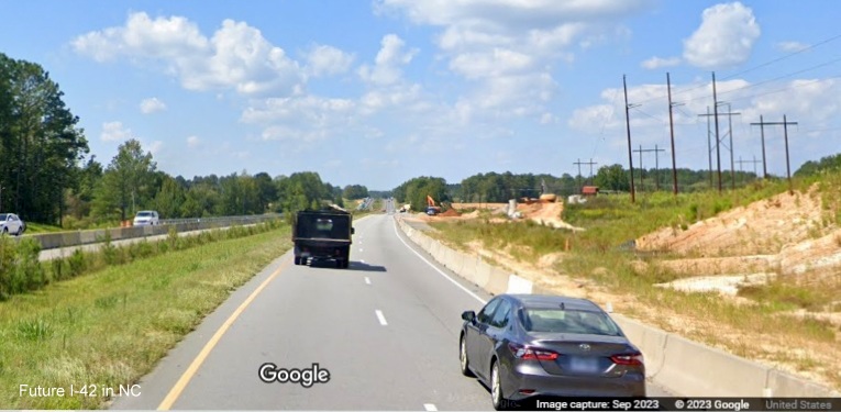 Image of future Swift Creek Road interchange under construction along US 70 (Future I-42) West in Johnston County, Google Maps Street View, September 2023