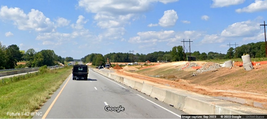 Image of future Swift Creek Road interchange under construction along US 70 (Future I-42) West
      in Johnston County, Google Maps Street View, September 2023