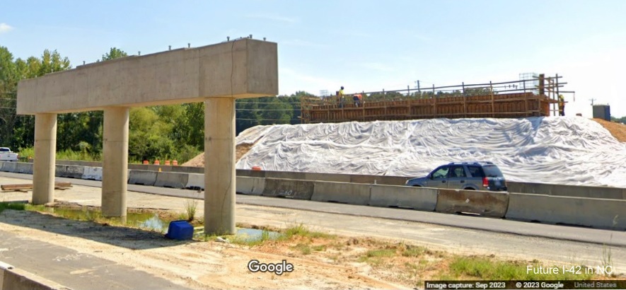 Image of future Swift Creek Road bridge under construction across from US 70 (Future I-42) West in Johnston County, Google Maps Street View, September 2023