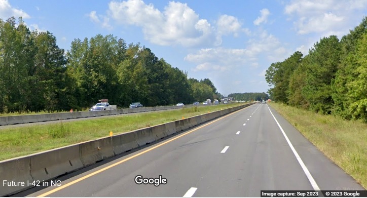 Image of nearly complete interstate standard lanes along US 70 (Future I-42) West after Swift Creek
      Road in Johnston County, Google Maps Street View, September 2023