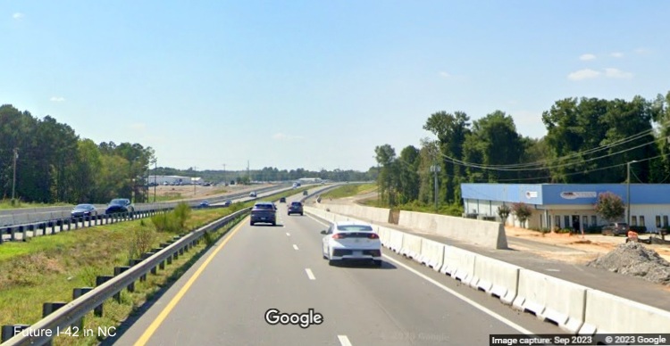 Image of new concrete barrier being built along US 70 (Future I-42) West in Johnston County, Google Maps Street View, September 2023