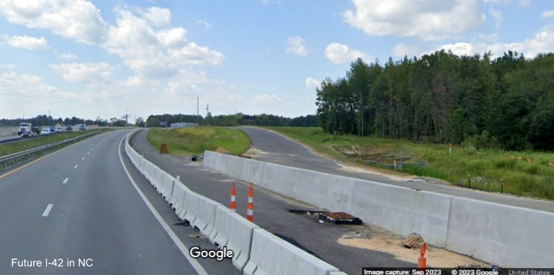 Image of new concrete barrier being built along US 70 (Future I-42) West in Johnston County, Google Maps Street View, September 2023