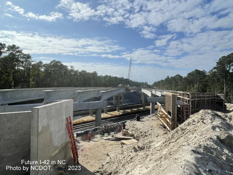 Image of railroad bridge construction over Havelock Bypass, NCDOT image, 2023