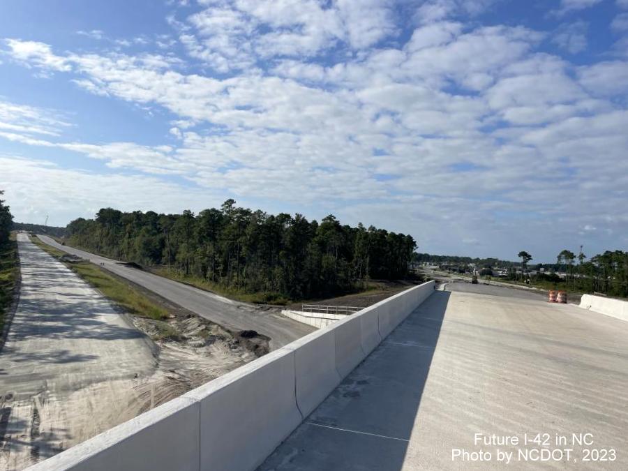Image of Havelock Bypass lanes from US 70 bridge under construction, NCDOT image, 2023