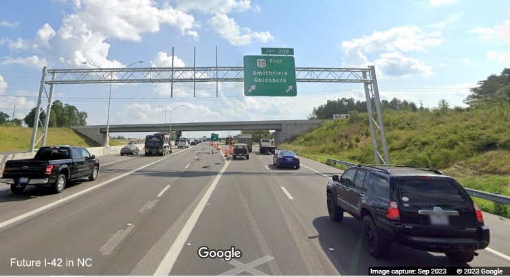 Image of overhead ramp sign for US 70 (Future I-42) East exit from I-40 East in Garner, Google Maps Street View, September 2023
