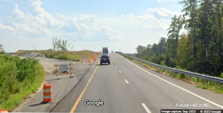 Image of start of new turnbine ramp for US 70 (Future I-42) East exit from I-40 East in Garner, Google Maps Street View, September 2023