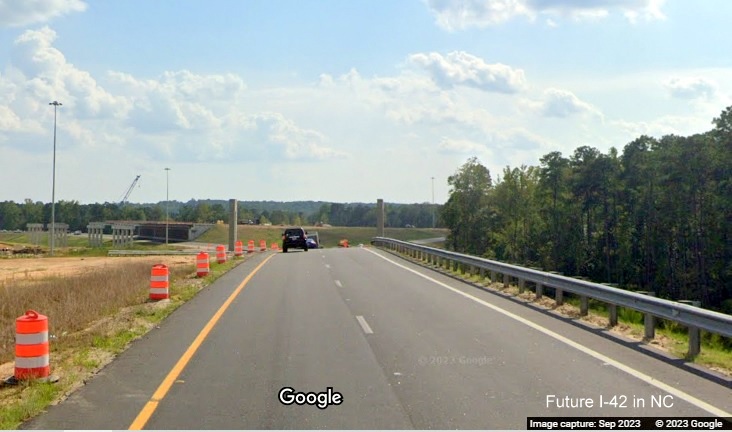 Image of start of new US 70 (Future I-42) East exit ramp from I-40 East in Garner, Google Maps Street View, September 2023