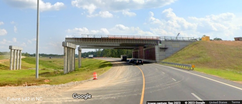 Image of ramp for US 70 (Future I-42) East exit from I-40 East in Garner heading towards future NC 540 bridges, Google Maps Street View, September 2023
