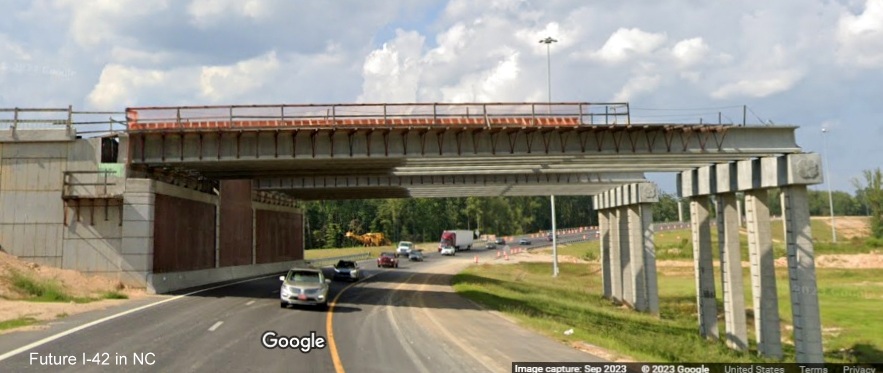 Image of future NC Toll NC 540/Triangle Expressway bridges looking back along US 70 (Future I-42) East exit ramp in Garner, Google Maps Street View, September 2023