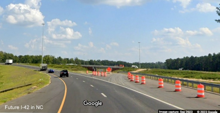 Image of future ramp to I-40 East heading to the right from US 70 (Future I-42) East exit from I-40 East in Garner, Google Maps Street View, September 2023