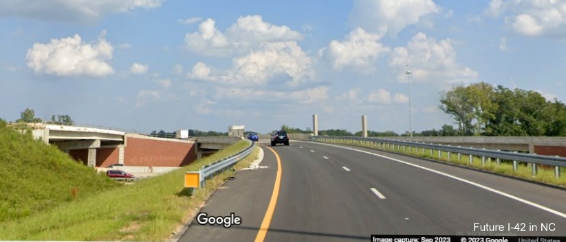 Image of US 70 (Future I-42) East exit ramp approaching new bridges over I-40 in Garner, Google Maps Street View, September 2023