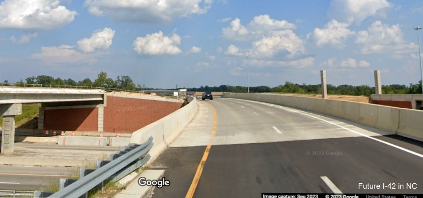Image of US 70 (Future I-42) East exit crossing new bridges over I-40 in Garner, Google Maps Street View, September 2023