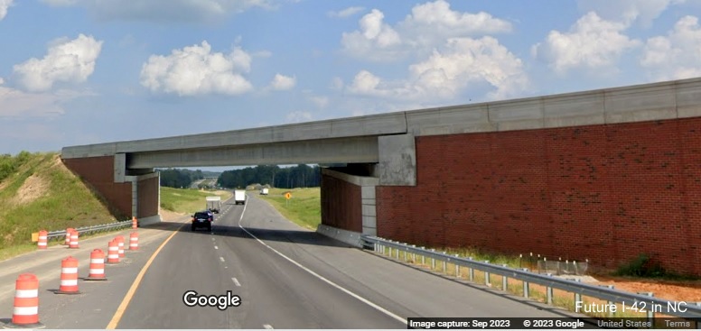 Image of US 70 (Future I-42) East ramp heading under future NC 540 ramp to I-40 West in Garner, Google Maps Street View, September 2023