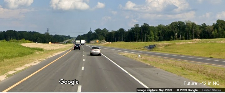 Image of US 70 (Future I-42) East exit ramp approaching ramp from I-40 West in Garner, Google Maps Street View, September 2023
