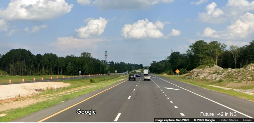 Image of US 70 (Future I-42) East exit ramp from I-40 East merging with ramp from I-40 West in Garner, Google Maps Street View, September 2023