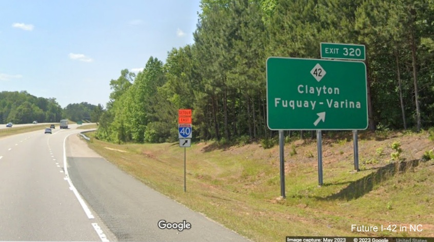 Image of Detour East I-40 trailblazer next to ramp sign for NC 42 exit on US 70 (Future I-42) West Clayton Bypass, Google Maps Street View, May 2023