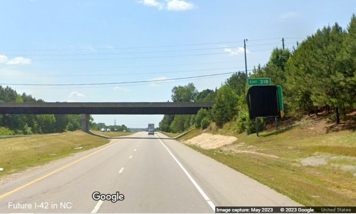 Image of covered 1 Mile advance sign for I-40 East on US 70 (Future I-42) West Clayton Bypass, Google Maps Street View, May 2023