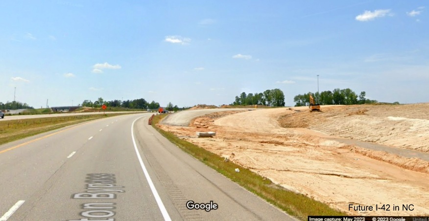 Image of future ramp to I-40 West on US 70 (Future I-42) West Clayton Bypass, Google Maps Street View, May 2023