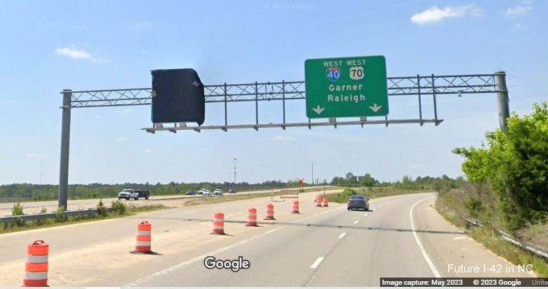 Image of covered over ramp sign for I-40 East exit at end of US 70 (Future I-42) West Clayton Bypass, Google Maps Street View, May 2023