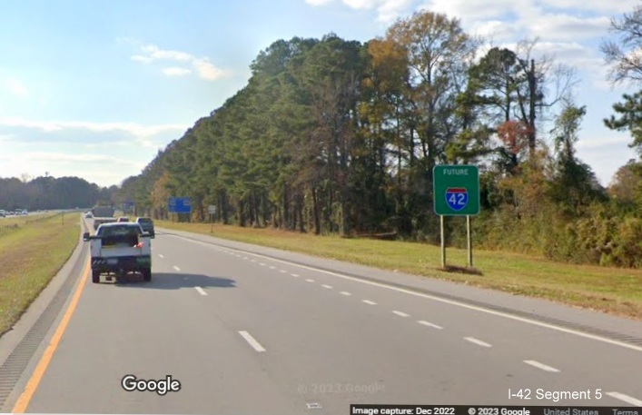 Image of Future I-42 sign on US 70 West at start of interstate grade freeway in New Bern, Google Maps Street View image, December 2022