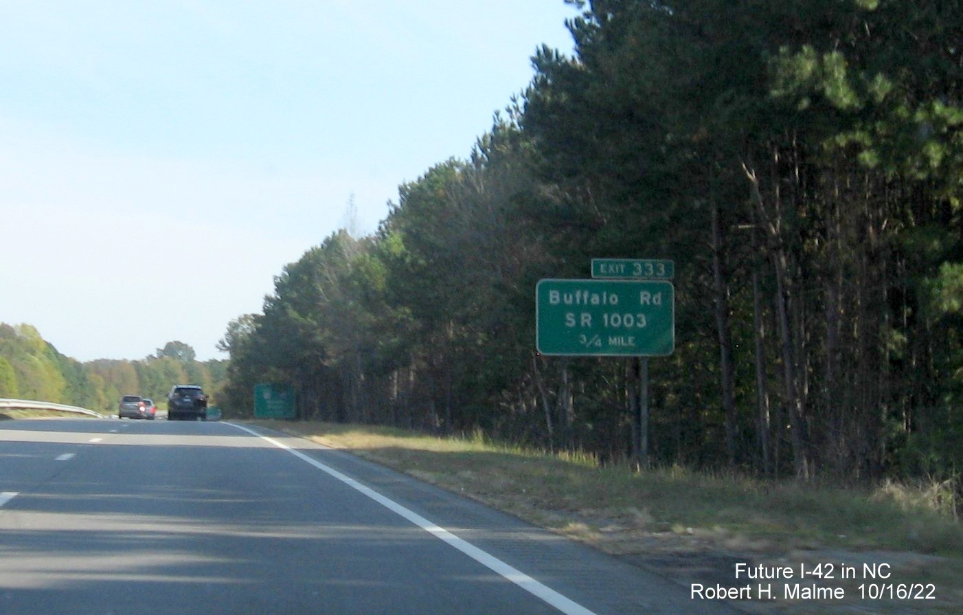 Image of ground mounted 3/4 mile advance sign for Buffalo Road exit on US 70 (Future I-42) East in Smithfield, October 2022