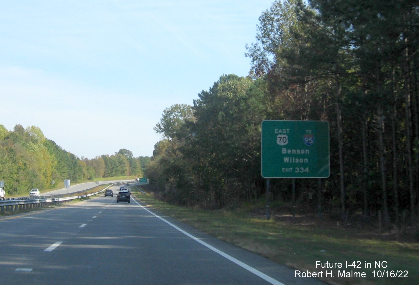 Image of ground mounted advance sign for East US 70 to I-95 exit on US 70 (Future I-42) East in Smithfield, October 2022