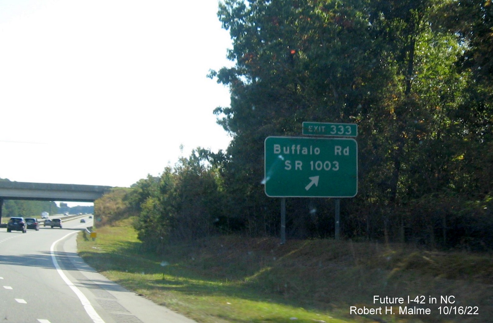 Image of ground mounted ramp sign for Buffalo Road exit on US 70 (Future I-42) East in Smithfield, October 2022