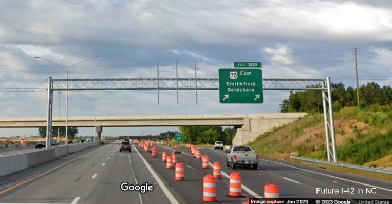 Overhead ramp signage for Clayton Bypass along recently widened I-40 East in Garner, Google Maps Street View, June 2023