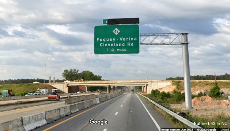 Advance signage for NC 42 exit along recently widened I-40 East in Garner, Google Maps Street View, June 2023