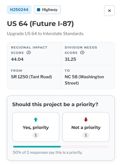 NCDOT listing for US 64 (Future I-87) Project in Nash County from interactive
map, July 2026