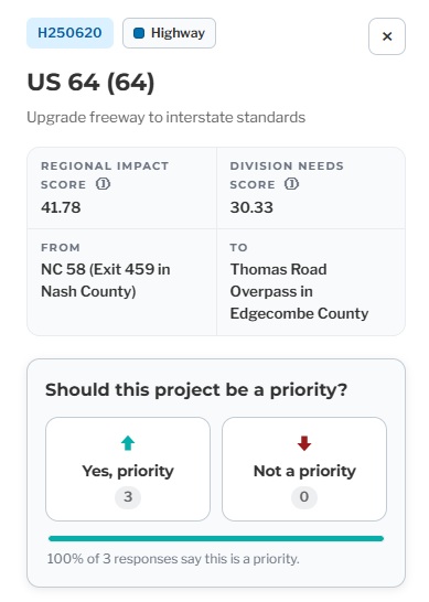 NCDOT listing for US 64 (Future I-87) Project in Nash County from interactive
map, July 2026