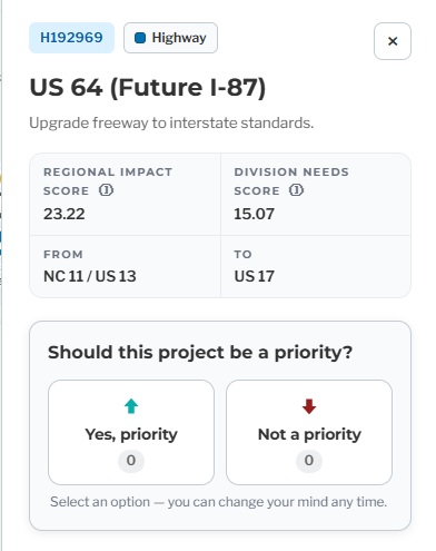 NCDOT listing for US 64 (Future I-87) Project in Edsgcombe County from interactive
map, July 2026
