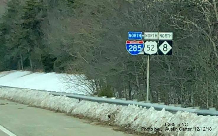 Image of new reassurance marker assembly for North I-285/US 52/NC 8 placed on freeway in Forsyth County in Nov. 2018, by J. Austin Carter