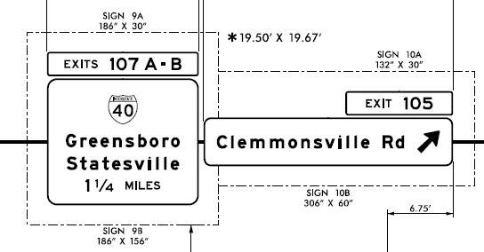 Image of NCDOT sign plan for I-40 advance and Clemmonsville Road exit ramp sign on I-285/US 52/NC 8 North
in Winston-Salem