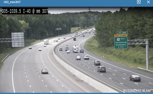 NCDOT traffic camera image of new overhead sign for US 70 East Clayton Bypass on I-40 East in Garner, September 2023