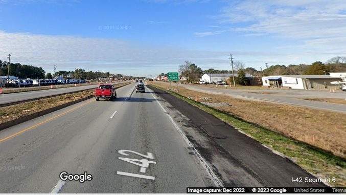 Image of widening of shoulder along US 70 West in James City as part of conversion to Future I-42 freeway, Google Maps Street View, December 2022