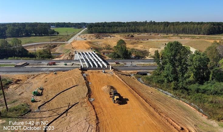 Image of girders placed for new Swift Creek Road bridge in Johnston County over US 70 (Future I-42), NCDOT, October 2023