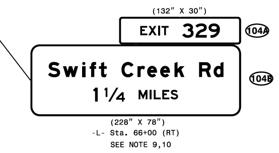 NCDOT sign plan for 1 1/4 Miles exit for Swift Creek Road on US 70 in Johnston County, January 2021