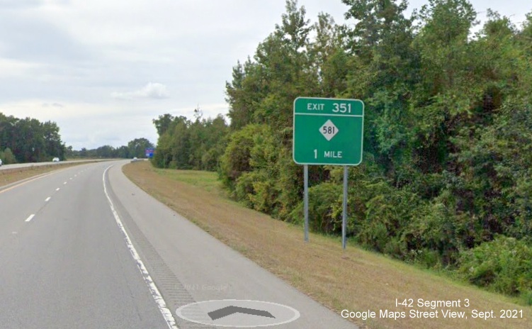 Image of 1 mile advance sign for NC 581 exit on US 70 Bypass West around Goldsboro, Google Maps Street View image, September 2021