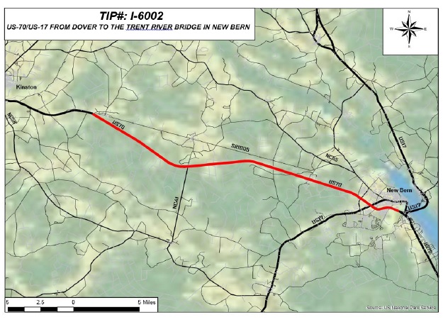 Image of map of US 70 pavement upgrade project in Jones and Craven County, by Super 70 Commission