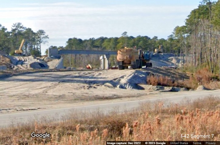 Image of future US 70 East bridge over eastern end of I-42 Havelock Bypass, Google Maps Street View, December 2022