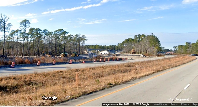 Image of future I-42 Havelock Bypass merging with US 70 East, Google Maps Street View, December 2022