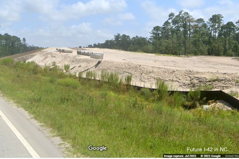 Image of construction alongside US 70 East for Future I-42 Havelock Bypass, Google Maps Street View image, June 2022 